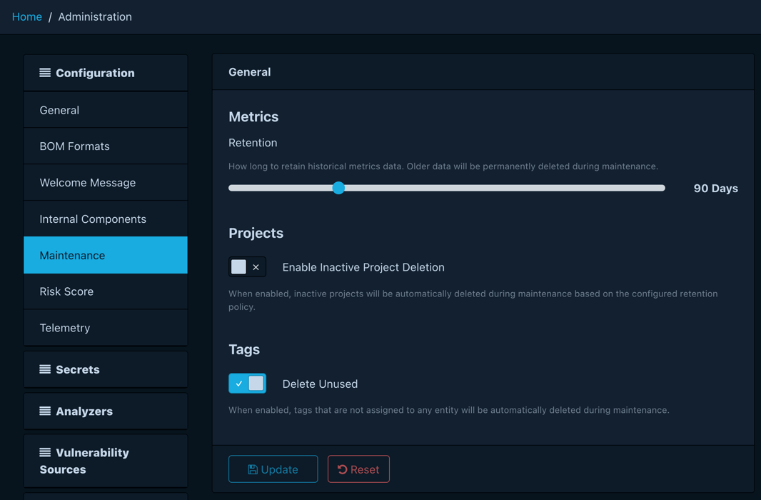 Retention setting under Administration > Configuration > Maintenance