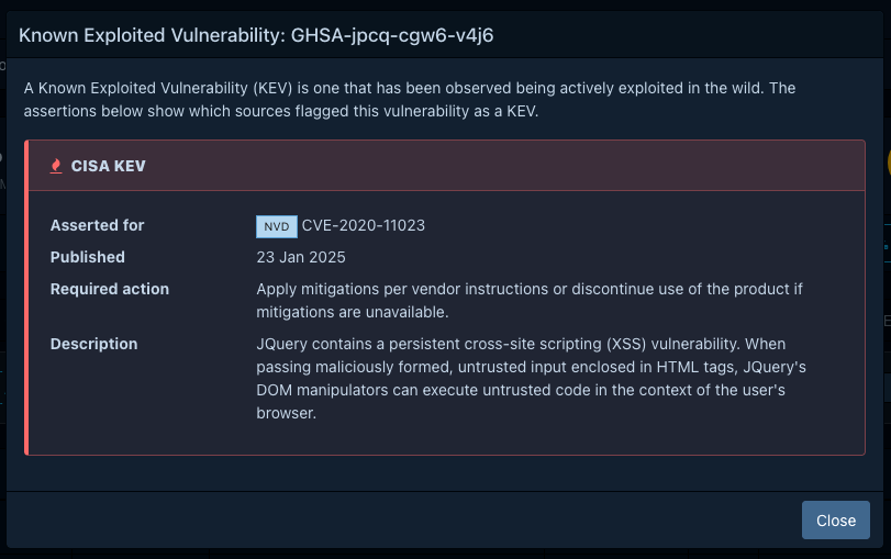 KEV assertions dialog