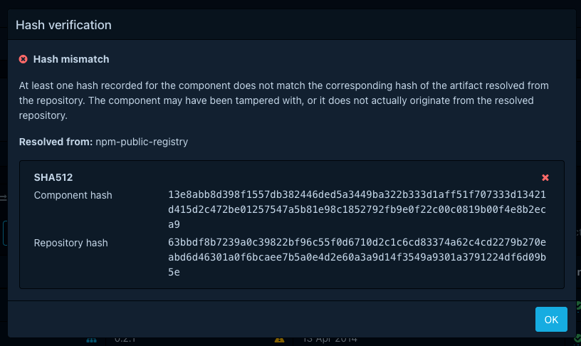 Failed hash verification modal
