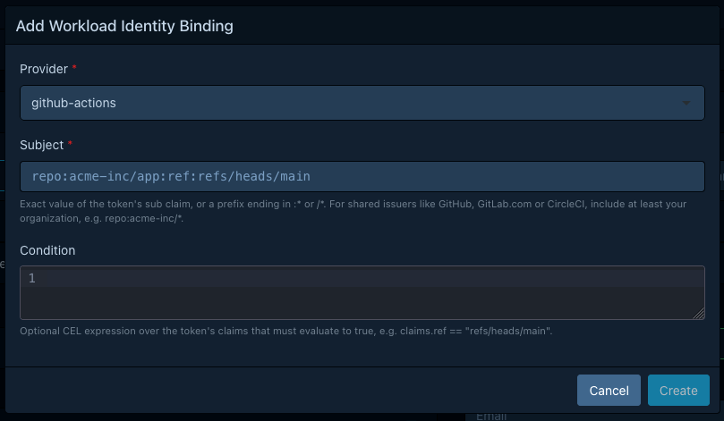 Create binding modal