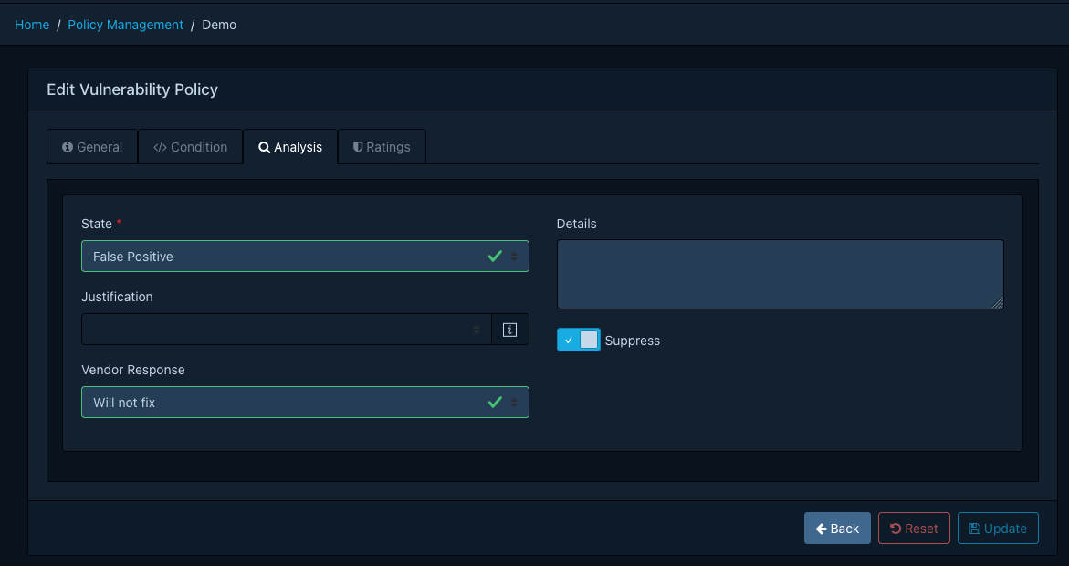 Policy editor - Analysis tab
