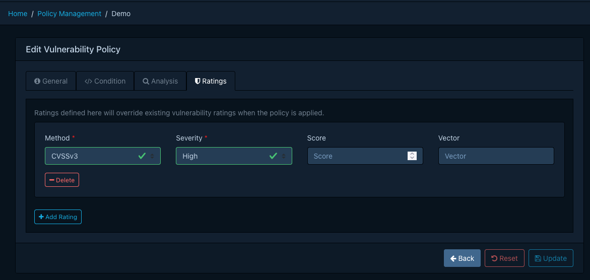 Policy editor - Ratings tab