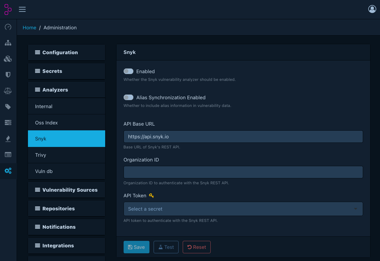 Snyk analyzer configuration