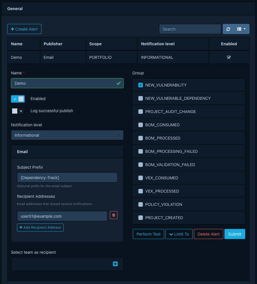 Email publisher alert config