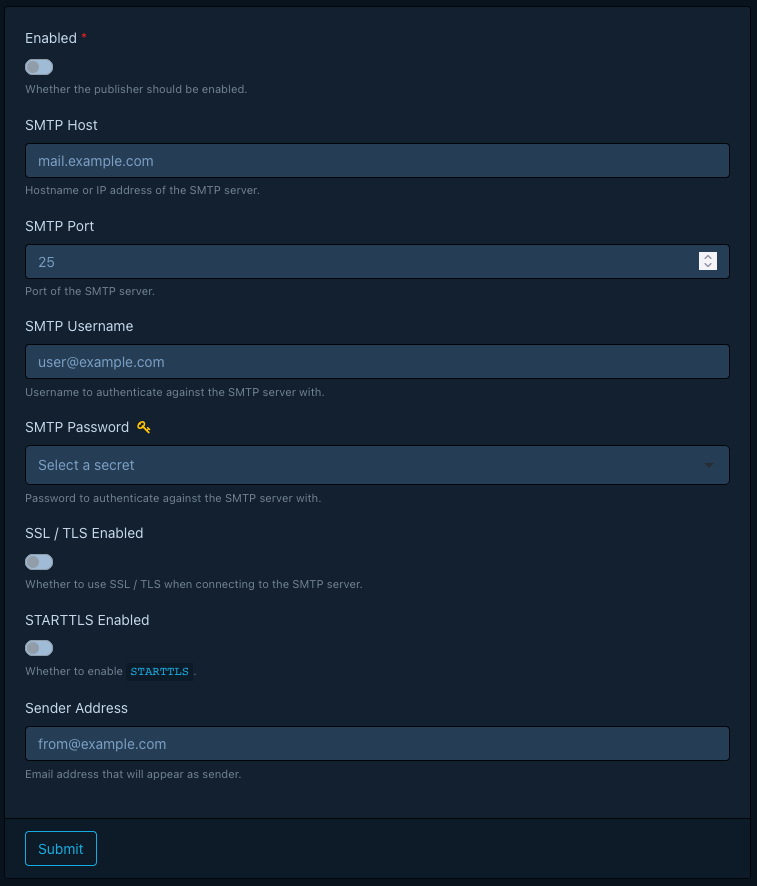 Email publisher global config