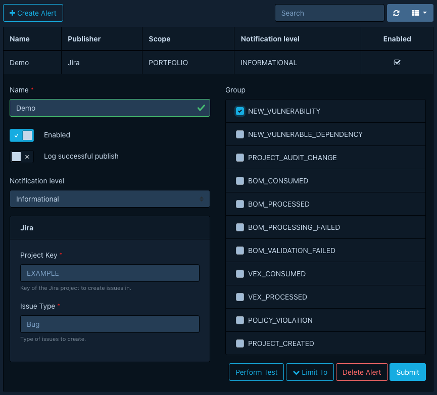 Jira publisher alert config