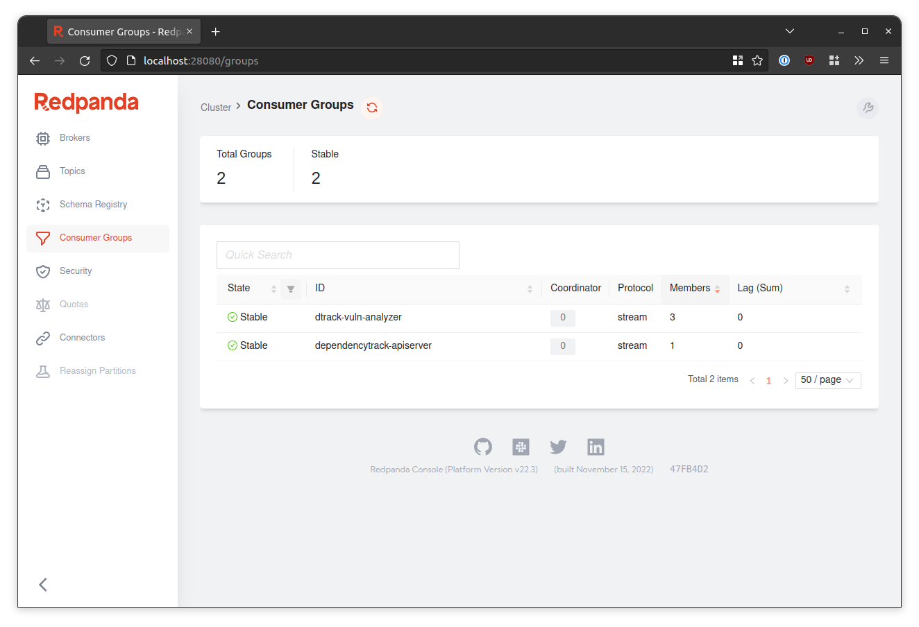 Consumer Groups in Redpanda Console as per default configuration