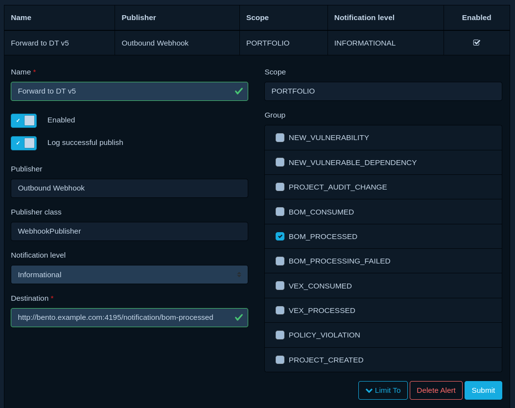 Configuring the alert in Dependency-Track v4