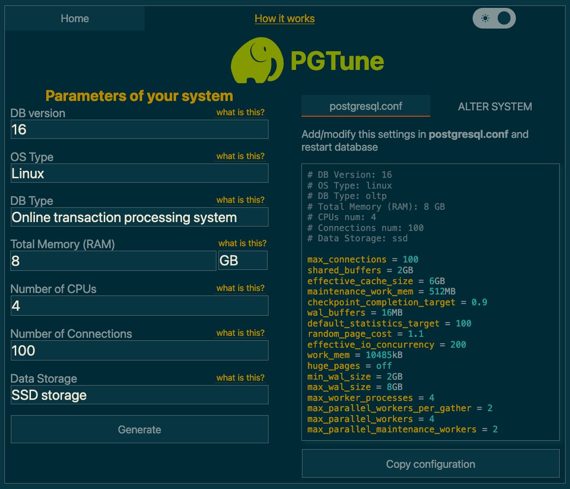 Example output of PGTune