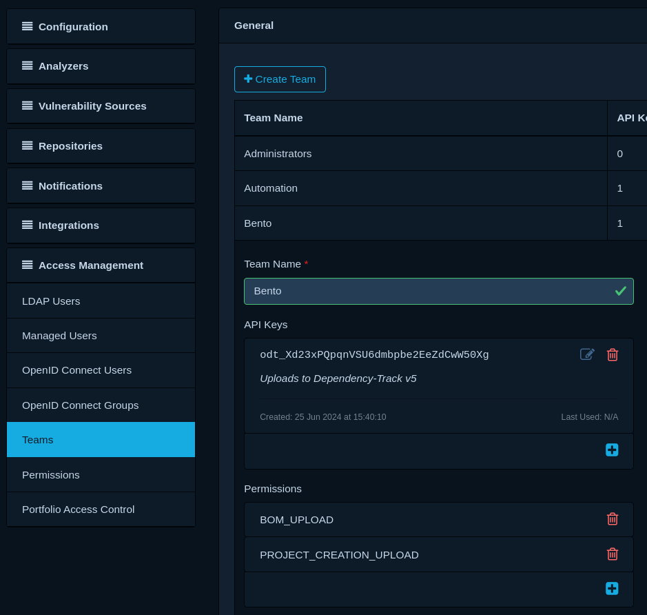 Creating an API key for Bento in Dependency-Track v5