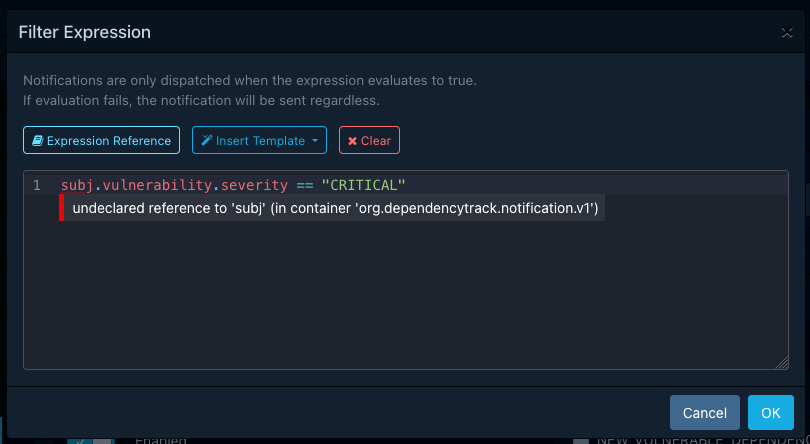Validation error for an invalid filter expression
