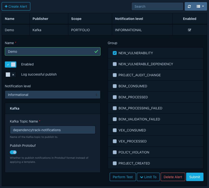 Kafka publisher alert config