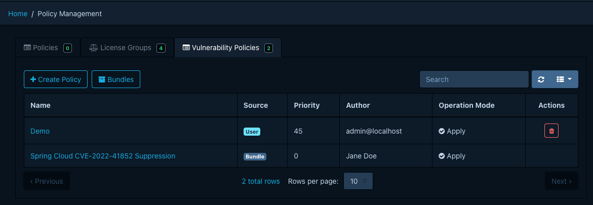 Vulnerability policy list